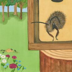 An illustration of a bee in a native bee house with a wildflower garden in the background from Sprigggly's Beescaping's book